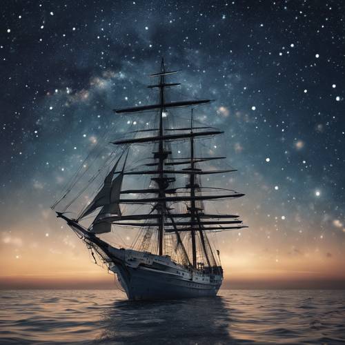 A ship sailing in the open ocean under a starry night.