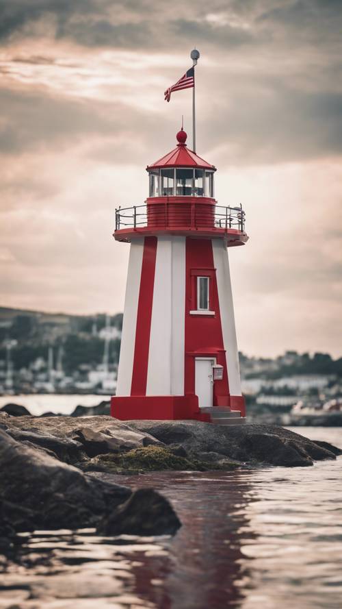 A red and white candy striped lighthouse sitting protectively at the edge of a bustling harbor.