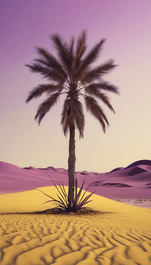 Un eccentrico paesaggio surreale caratterizzato da una lussureggiante palma viola che si staglia sul giallo suolo desertico.