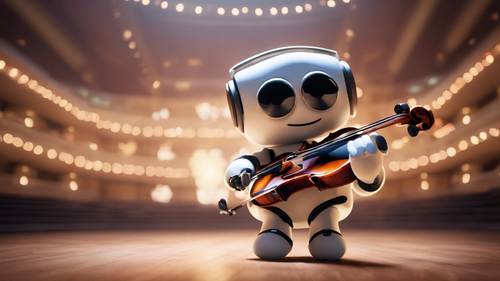 An Android mascot playing a violin in a beautifully lit concert hall.