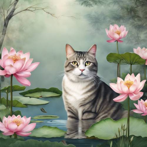 ציור מכחול סיני מסורתי הכולל חתול שליו המדיטציה ליד בריכה שלווה מלאה בפרחי לוטוס פורחים.