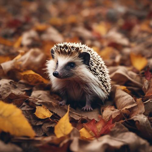 Ein süßer Stupsnasenigel in einem karierten Taschentuch erkundet ein mit Herbstlaub bedecktes Feld.