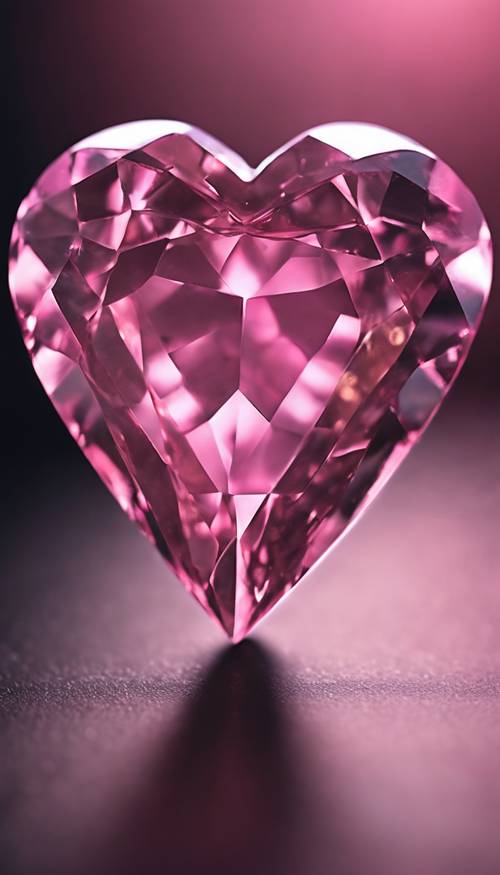 Uma gema suave em forma de coração rosa brilhando suavemente contra um fundo preto como breu.