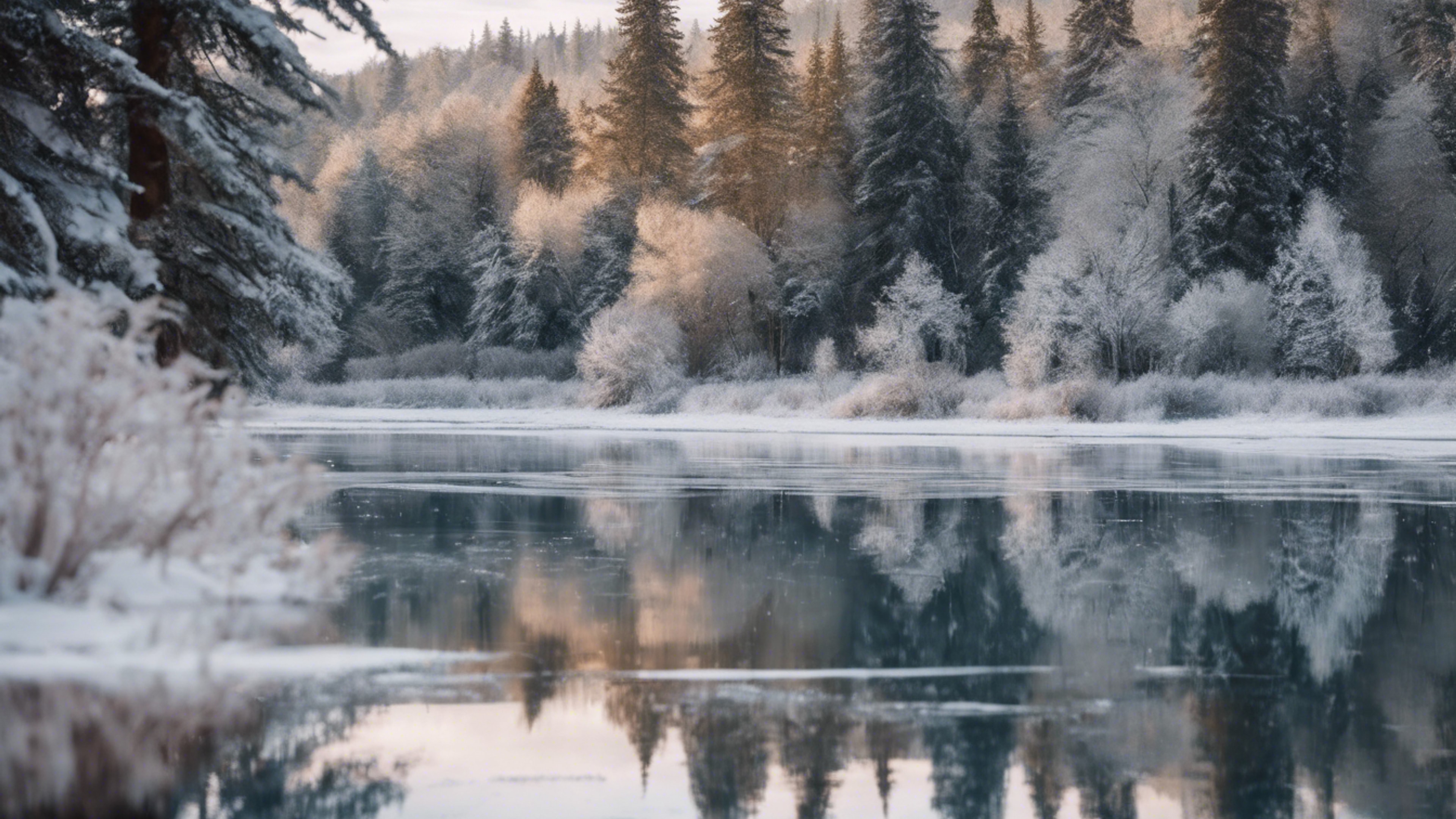 A placid lake frozen over, with the surrounding trees reflected perfectly on its shiny surface. Wallpaper[3ae9fef6663b492b966d]