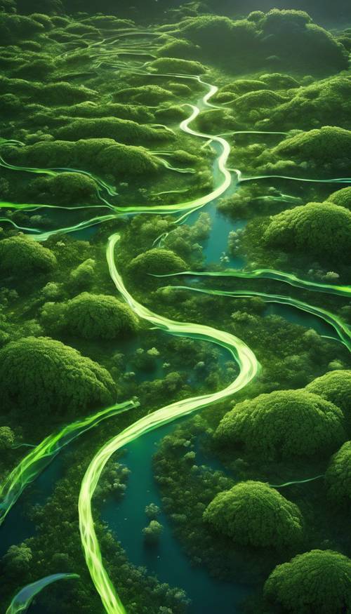 Anak-anak sungai yang bersinar melintasi permukaan planet yang hijau, menyuburkan vegetasinya. Wallpaper [544616cf2ef8430aa95a]
