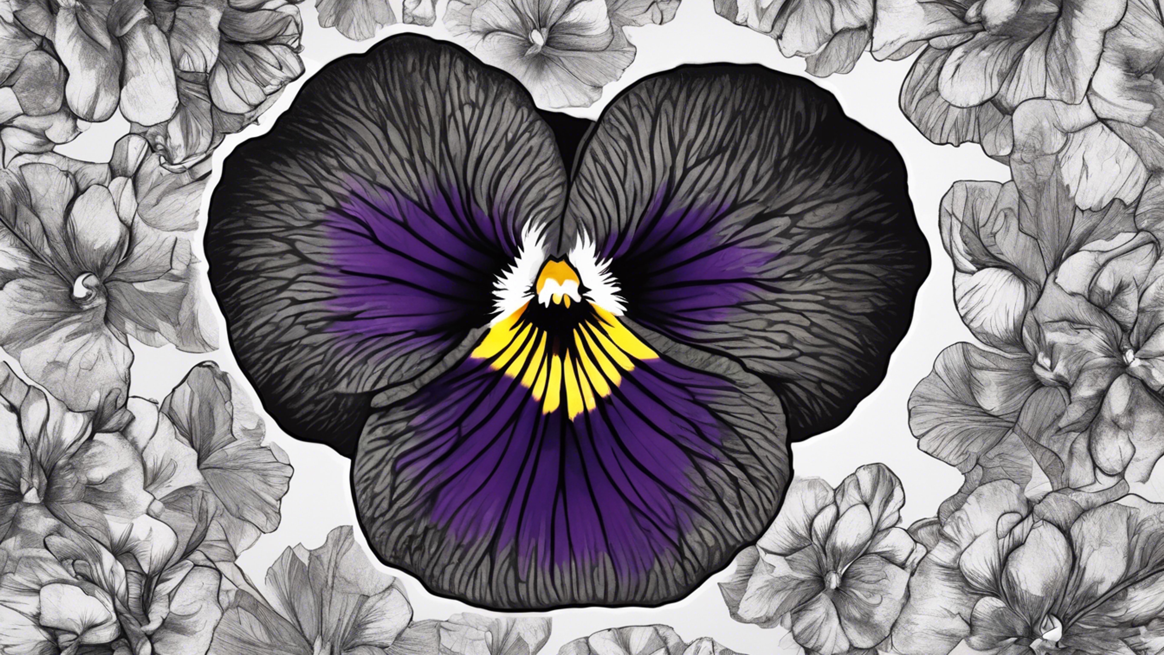 A beautifully detailed drawing of a black pansy with a heart-shaped pattern in the center. کاغذ دیواری[63bdabf8c2fc479fa211]