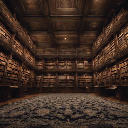 A dark damask designed carpet in the center of a grand library filled with towering bookshelves. Tapet [b7e0a579bf8e45468954]