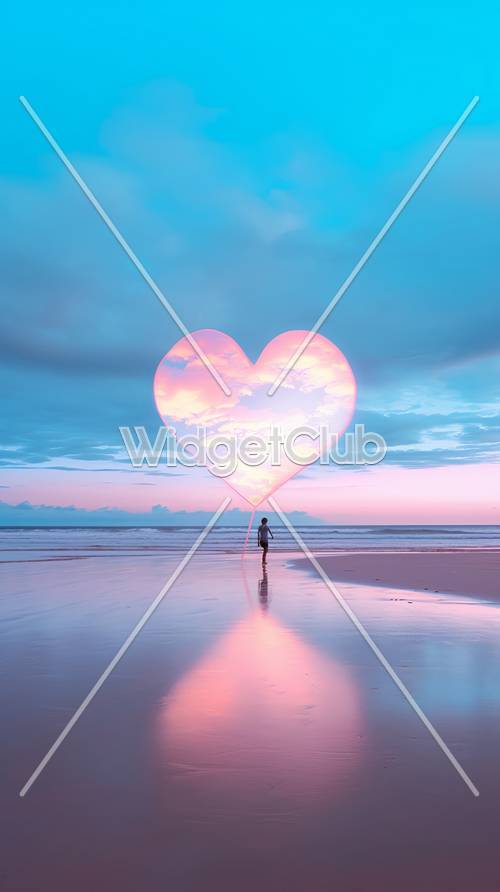 ピンク色の空とビーチの心の反射