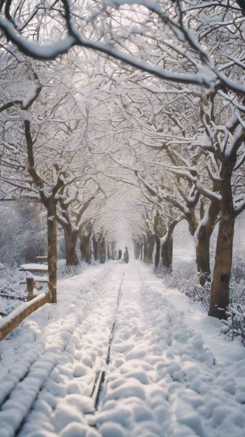 皑皑白雪覆盖下的冬日花园，静谧迷人，间或可见小动物的足迹。