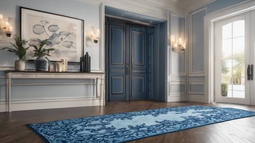 A blue damask runner rug in a bright, contemporary foyer.