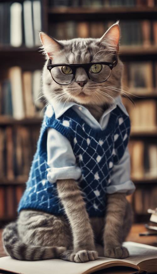 Seekor kucing muda dan rapi mengenakan rompi sweter argyle biru, membaca buku dengan kacamata.