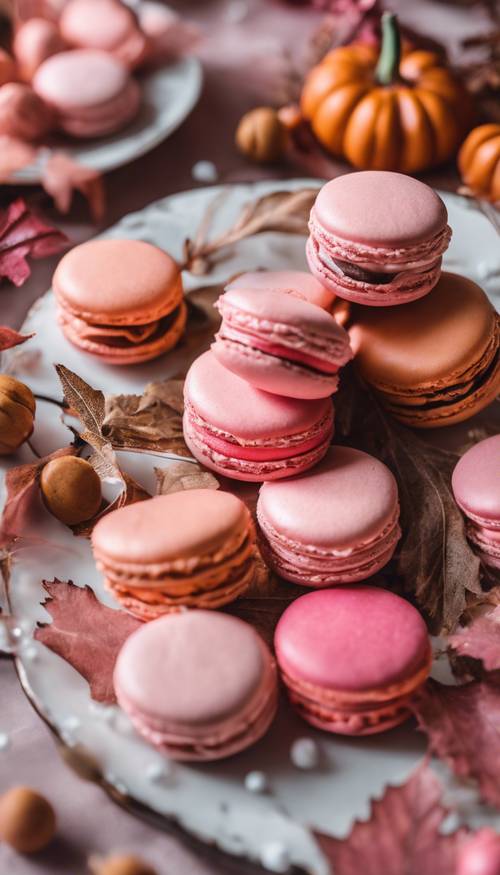 Hindi, balkabağı veya sonbahar yaprakları gibi Şükran Günü temalı süslemelerle süslenmiş pembe makaronlar.