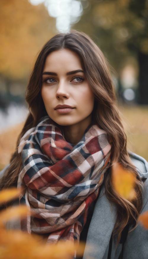 Eine junge Frau trägt im Herbst in einem Stadtpark einen modischen, modernen karierten Schal.