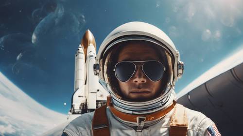 Güneş gözlüklü genç bir astronot uzay mekiğinin önünde süzülüyor.