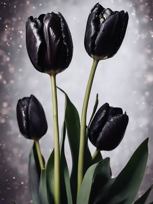 Bogaty bukiet czarnych tulipanów na tle bezgwiezdnej nocy.