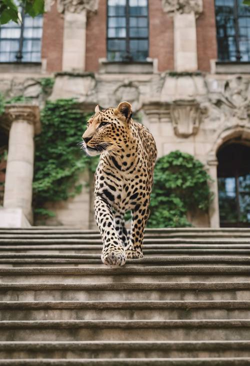 Un leopardo de muy buen gusto subiendo con gracia una gran escalera en un antiguo edificio universitario de piedra cubierto de hiedra.