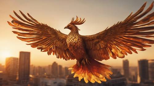 Un oiseau phénix radieux en vol, capturé à l’heure d’or, projetant une lueur chaleureuse sur un paysage urbain sombre.
