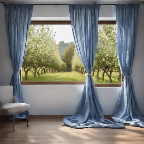 Blue linen curtains swaying gently, with an orchard in the background.