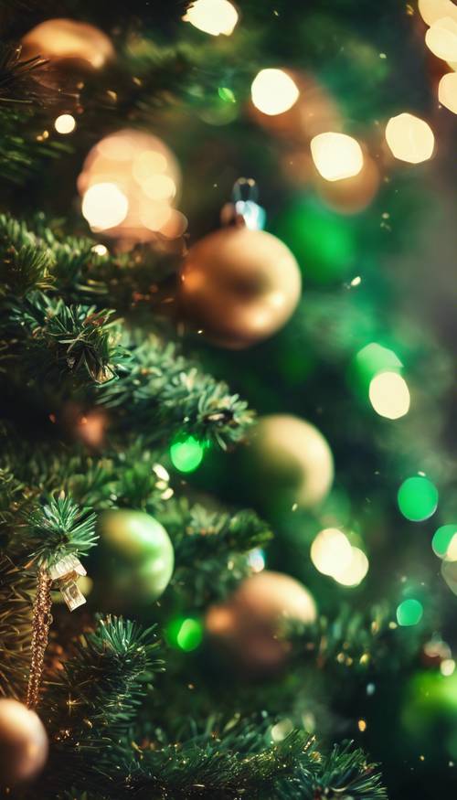 A Christmas tree decorated solely in hues of green, casting a gentle glow. Тапет [f12bcff4e4464ccf84f6]