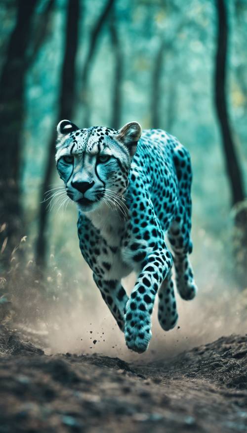 Guepardo azul corriendo a través de un bosque turquesa surrealista.