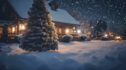 Eine zauberhafte Winternacht auf dem französischen Land, mit einer mit Schneeflocken beladenen Kiefer, die unter dem Sternenhimmel funkelt.
