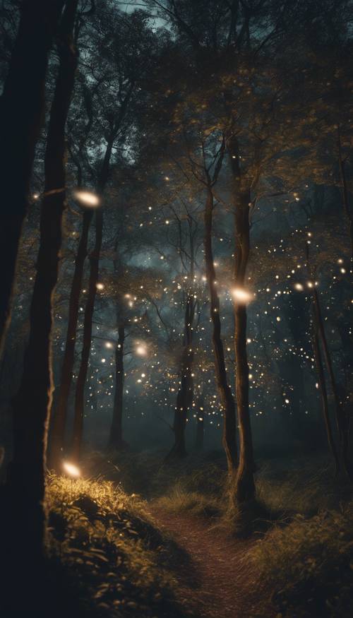 Ein bezaubernder Wald im Mondlicht, durch den gelegentlich ein Glühwürmchen flattert.