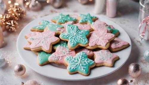 Biscotti natalizi pastello glassati disposti su un piatto di ceramica bianca.