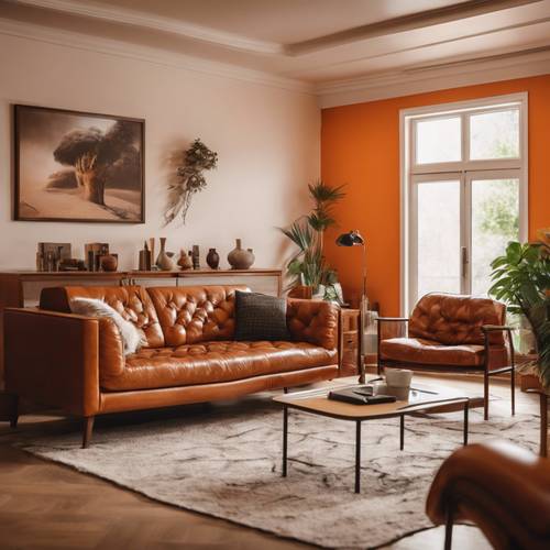 A retro living room with orange walls, and brown leather furniture.
