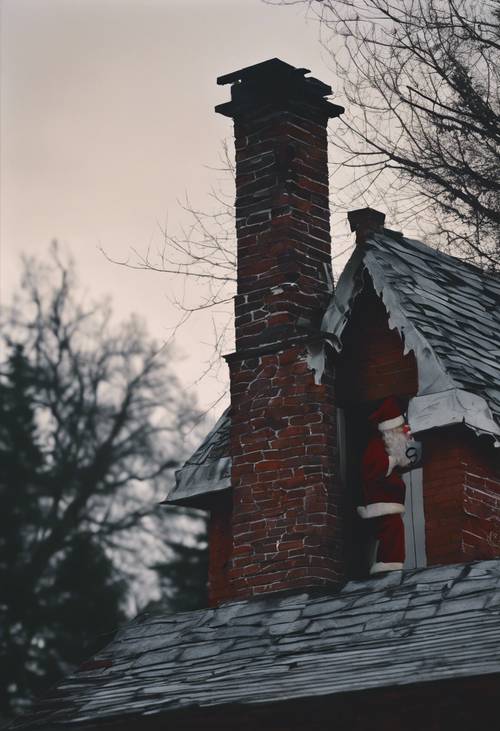 The eerie silhouette of a Victorian-era Santa sliding down a broken chimney of a haunted house on Christmas Eve.