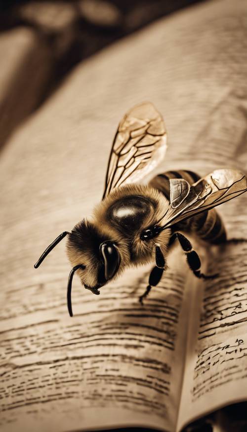 Um gráfico em tom sépia de uma abelha circulando um livro antigo amarrotado com bordas douradas.