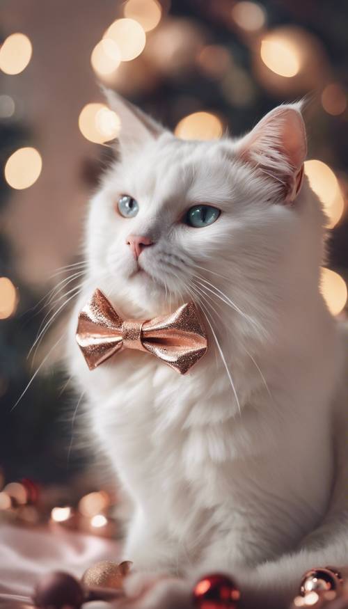 Um gato branco festivo usando um laço de Natal dourado rosa.