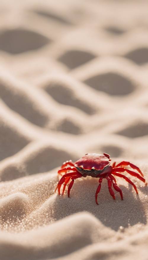 Stellen Sie eine kleine rote Krabbe dar, die über einen weißen Strand huscht und kleine Spuren im warmen Sand hinterlässt.
