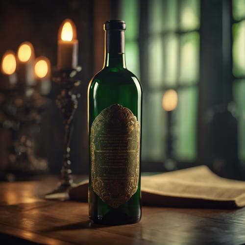 Sebotol anggur antik dengan gelas hijau tua memantulkan cahaya lilin redup.