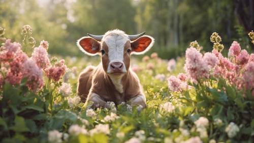 A cute Taurus bull calf with big eyes, sitting on a patch of fresh spring flowers.