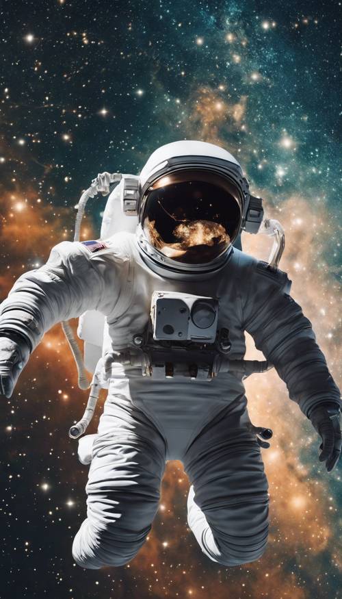 Astronauta unoszący się w stanie zerowej grawitacji, otoczony gwiazdami Drogi Mlecznej.