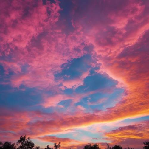 Ein faszinierender Batik-Sonnenuntergangshimmel, der die Farben Rosa, Orange und Blau vermischt.