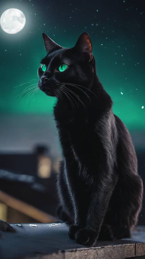 قطة سوداء أنيقة ذات عيون زمردية متلألئة تجلس على سطح مظلم تحت ليلة مقمرة.