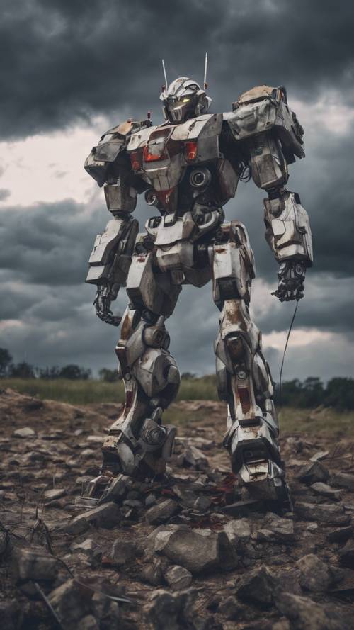 Robot mecha bergaya anime berdiri dengan kemenangan di medan perang yang hancur di bawah langit badai.