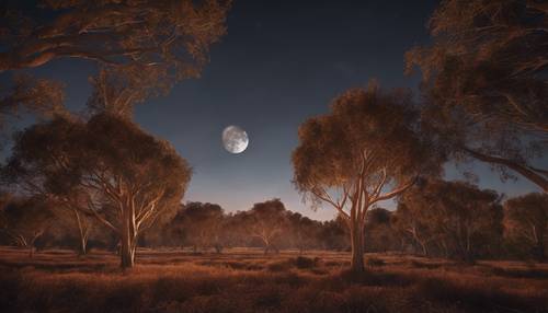 La luna de la cosecha se eleva sobre un bosque de eucaliptos; su corteza de color marrón rojizo brilla a la luz de la luna otoñal.