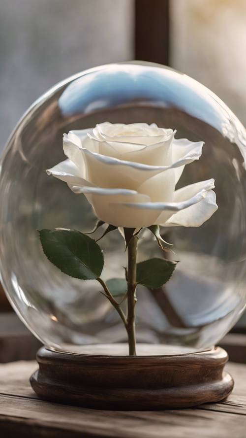 Mawar putih terbungkus indah dalam bola kaca bening di atas meja kayu pedesaan.