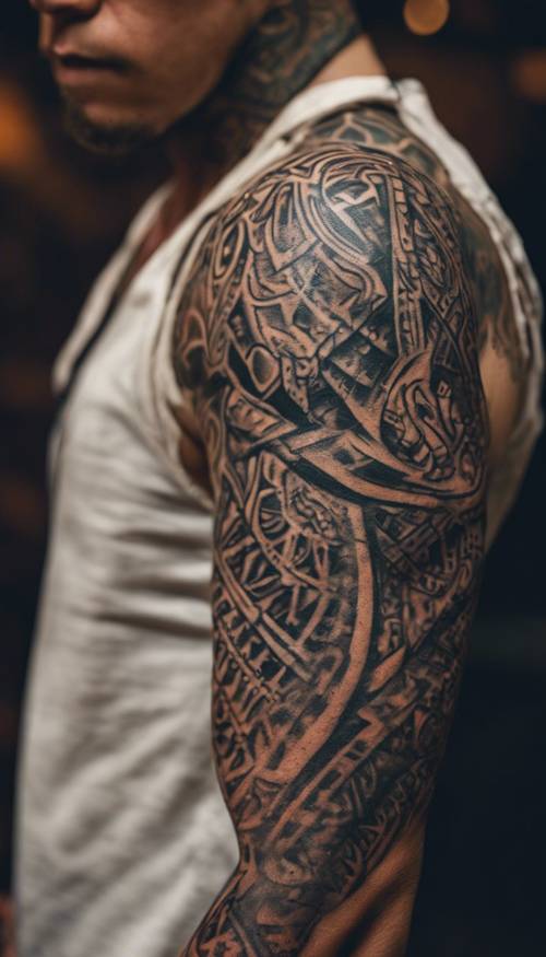 Detail oriented tribal tattoo artwork extending from shoulder to elbow.