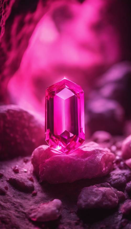 Batu permata merah muda panas mistis yang memancarkan aurora merah muda dinamis di gua yang gelap.