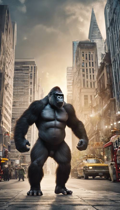 Animowany goryl superbohater pokazujący swoją super siłę w tętniącym życiem dużym mieście.