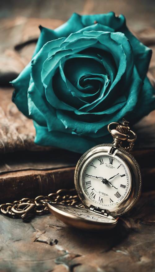 Una natura morta dipinta a olio con una rosa verde acqua e un orologio da tasca vintage.