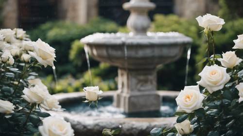 White roses growing around a stone fountain in a courtyard garden.