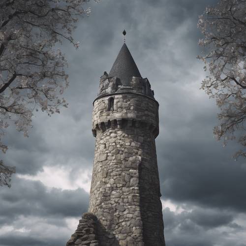 Uma antiga torre de castelo aparecendo contra um céu nublado, suas pedras refletindo um brilho cinza cintilante.