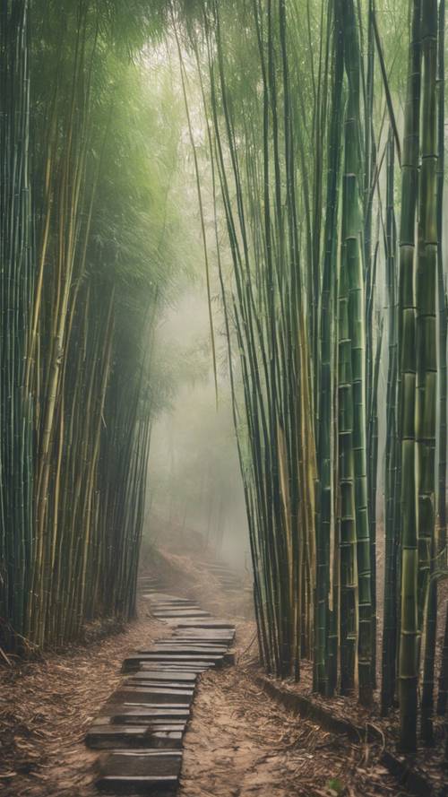 Pemandangan panorama hutan bambu yang diselimuti kabut pagi