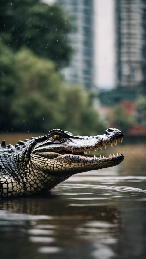 一條鱷魚在渾濁的河流中進行高樓「死亡翻滾」。