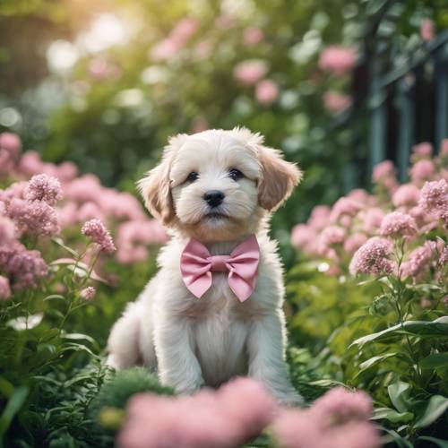 Yemyeşil bir bahçede oturan şık pembe fiyonklu sevimli bir köpek yavrusu.