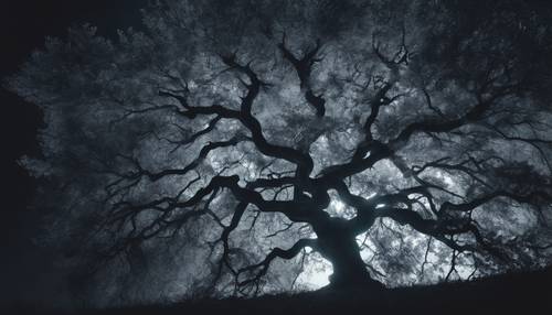 Un árbol gris que brilla misteriosamente bajo la luz de la luna en un bosque oscuro.